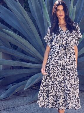 MISA Los Angeles Black White Floral Metallic Ruffle Tiered Midi Dress XS